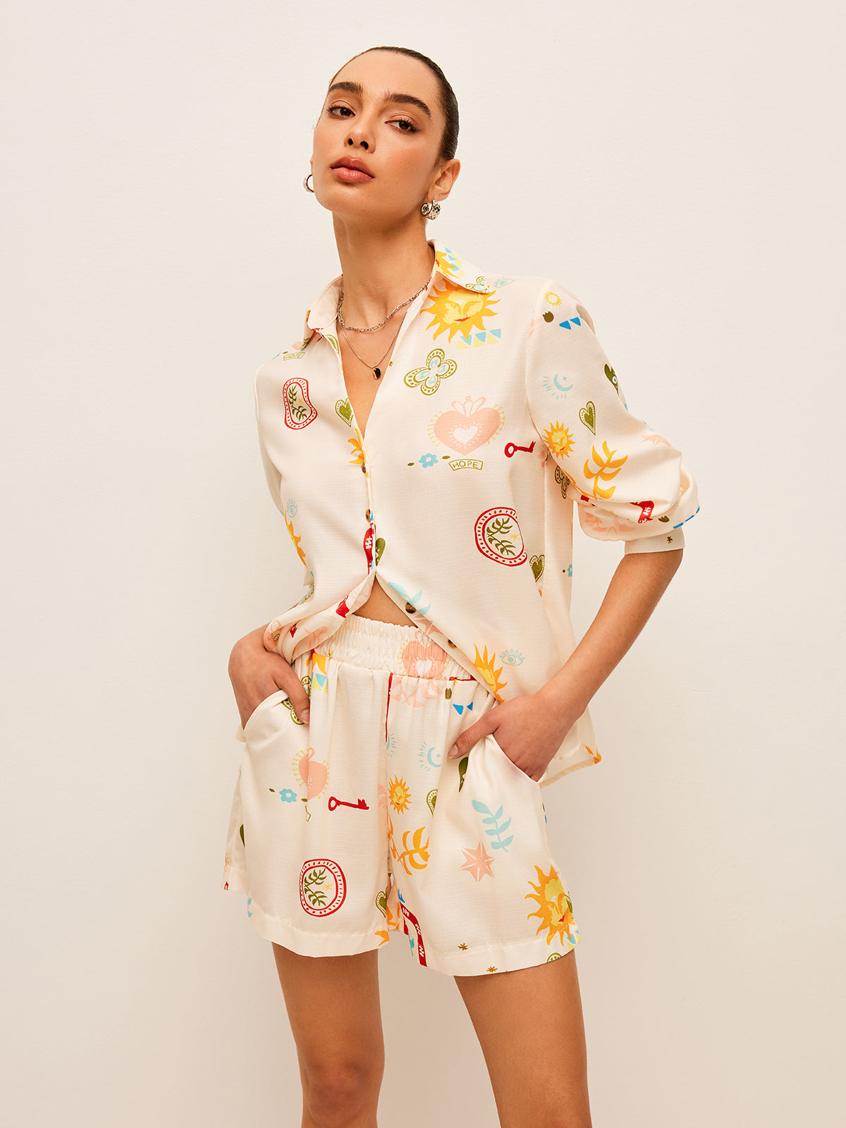 Pleated Pattern-Print Shorts Set - Chic Rio