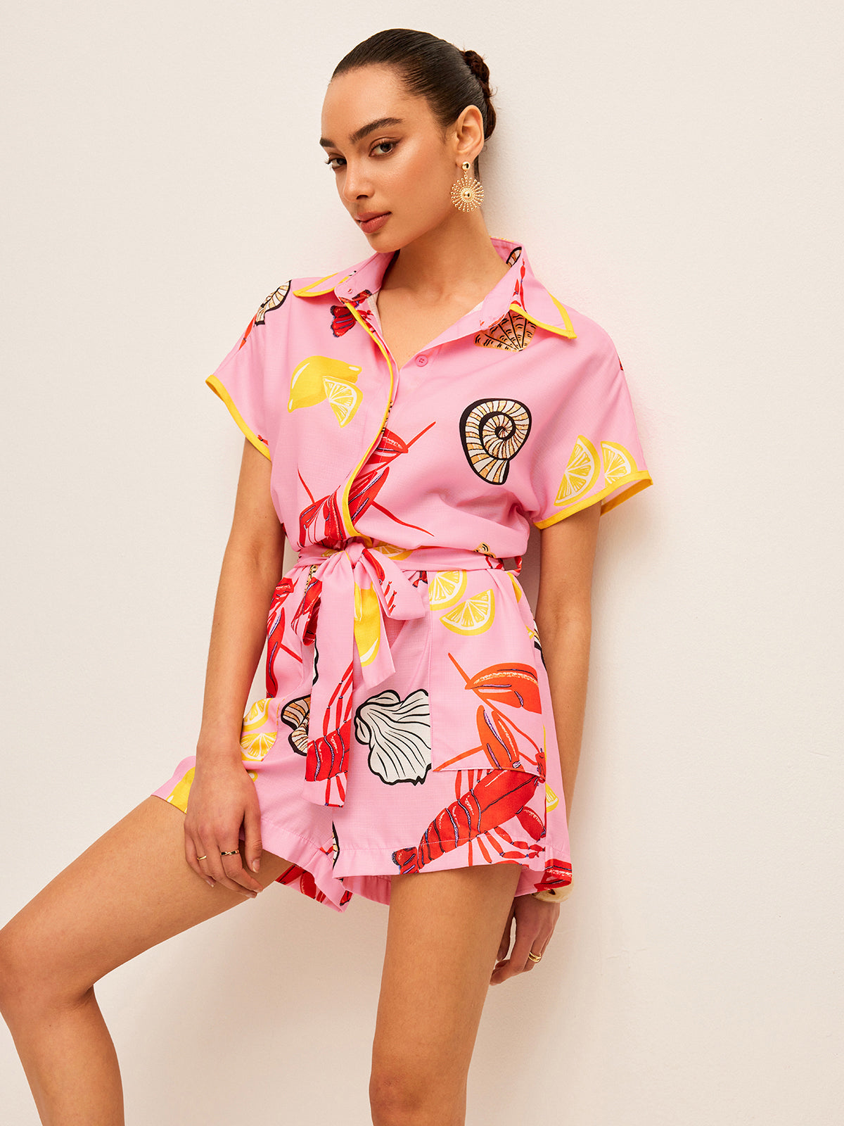 Fruit & Shell Print Tie-Waist Jumpsuit - Chic Rio