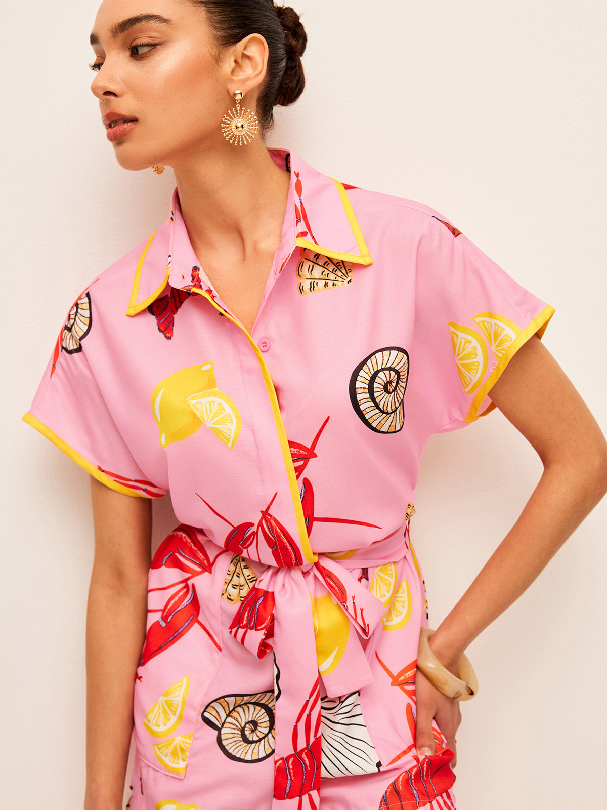 Fruit & Shell Print Tie-Waist Jumpsuit - Chic Rio