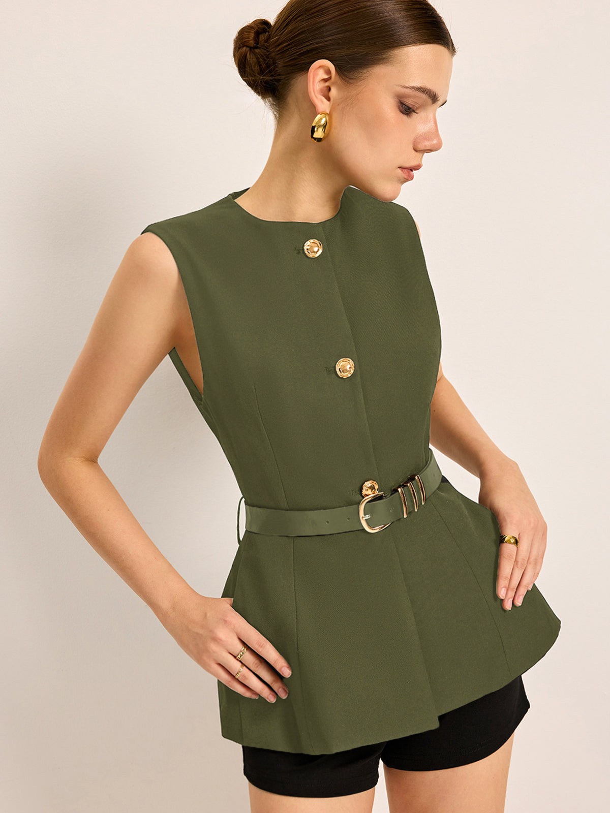 Button Detail Pockets Top With Belt - Chic Rio