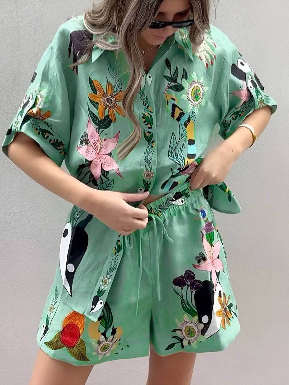 Oversized Floral Print Shorts Set - Chic Rio