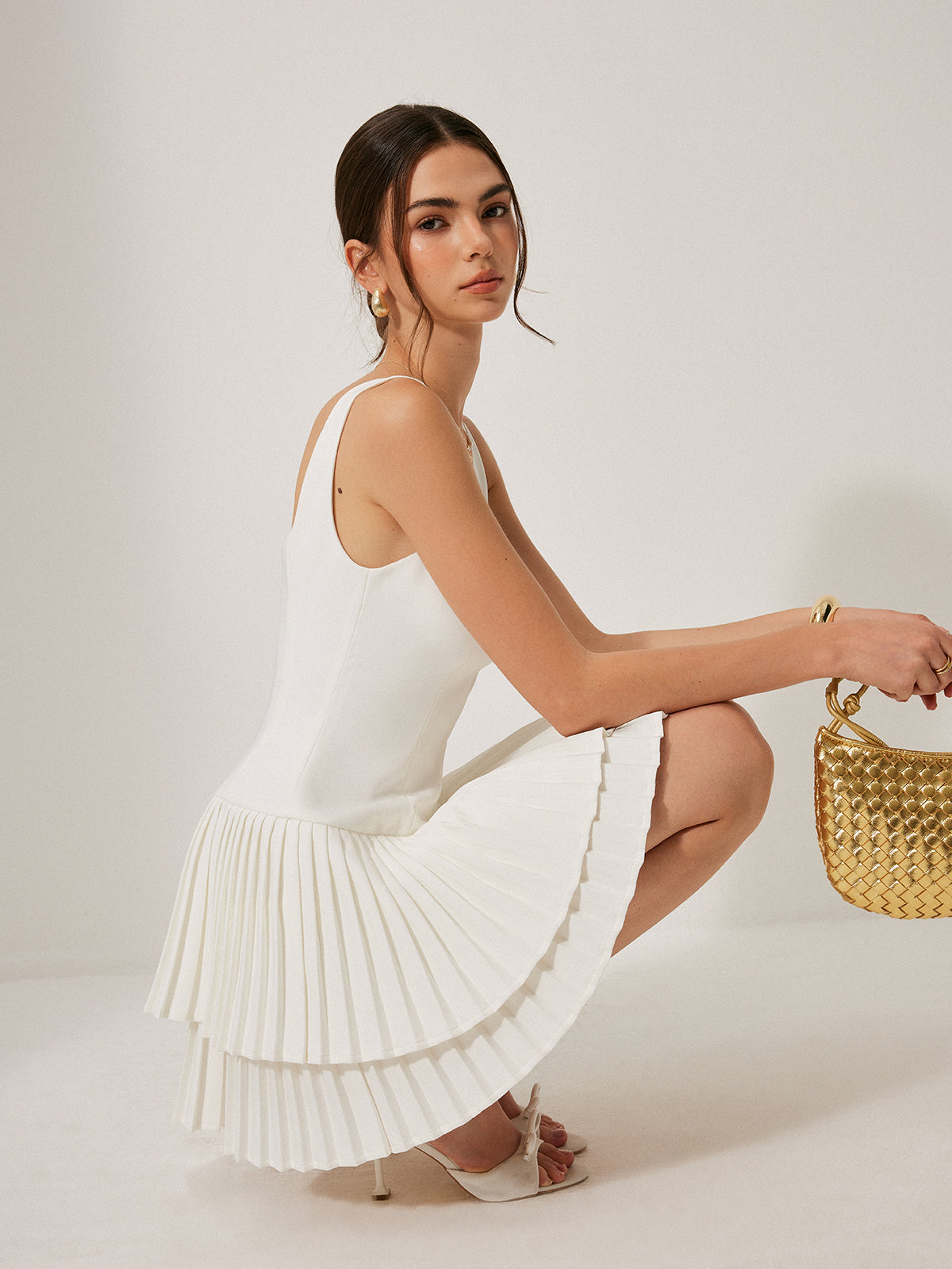 Square Neck Pleated Dress - Chic Rio