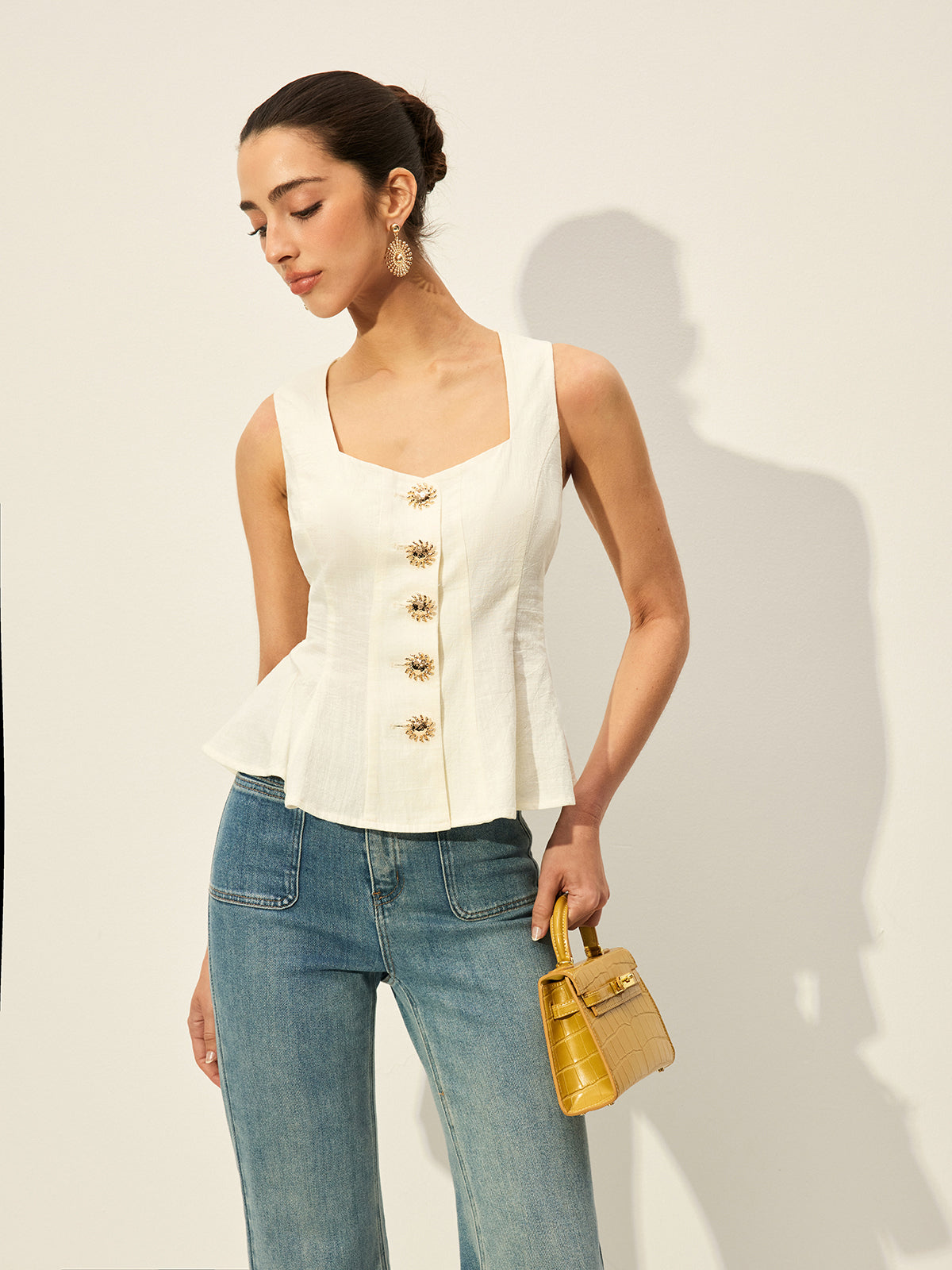 Square Neck Button-Front Peplum Top - Chic Rio