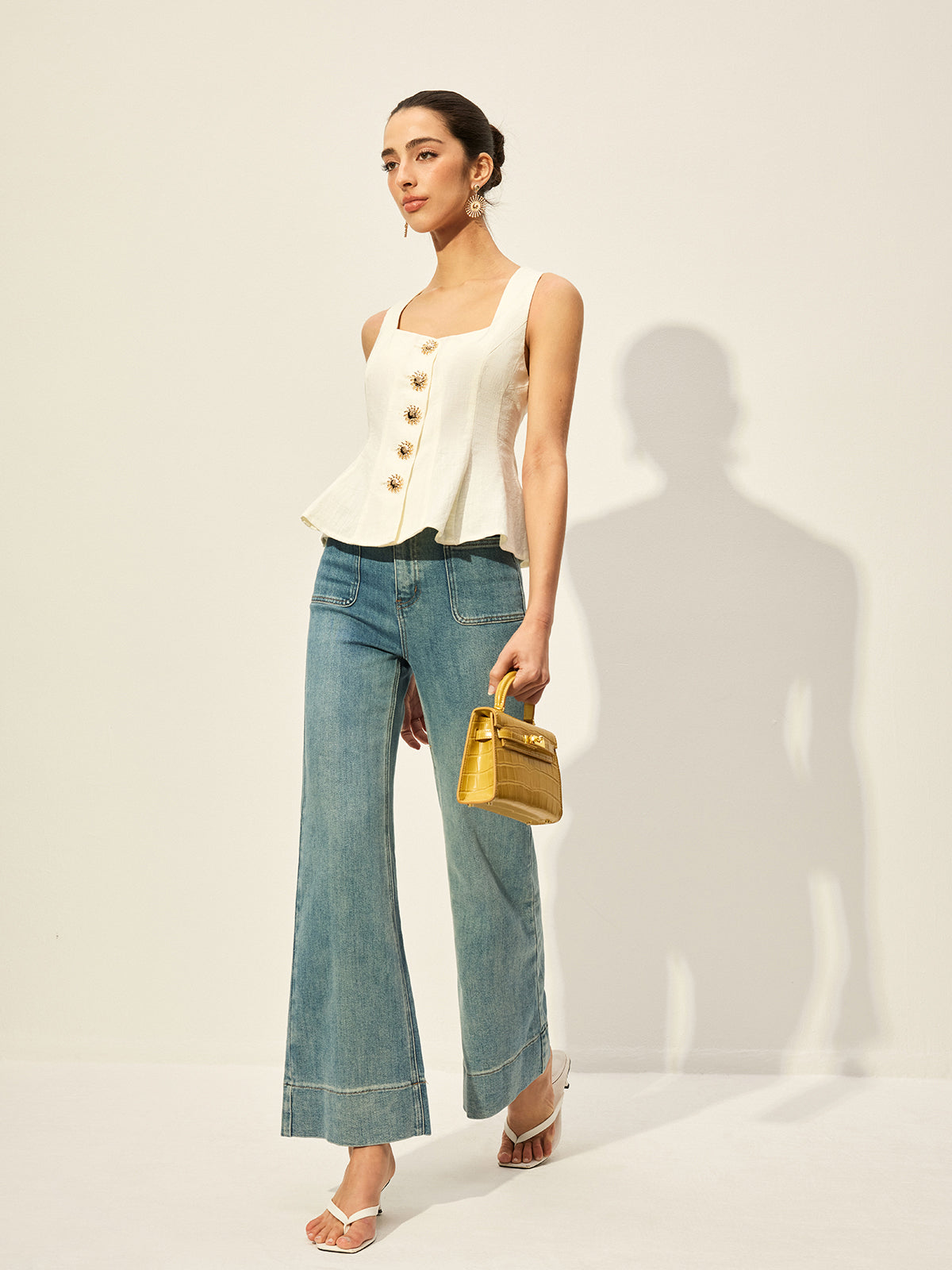 Square Neck Button-Front Peplum Top - Chic Rio