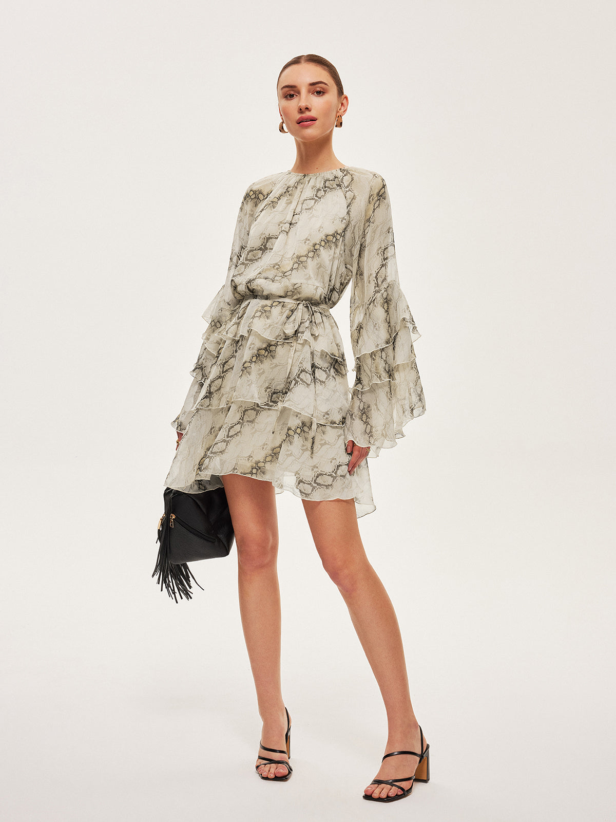 Sheer Print Ruffle Tie-Waist Dress - Chic Rio