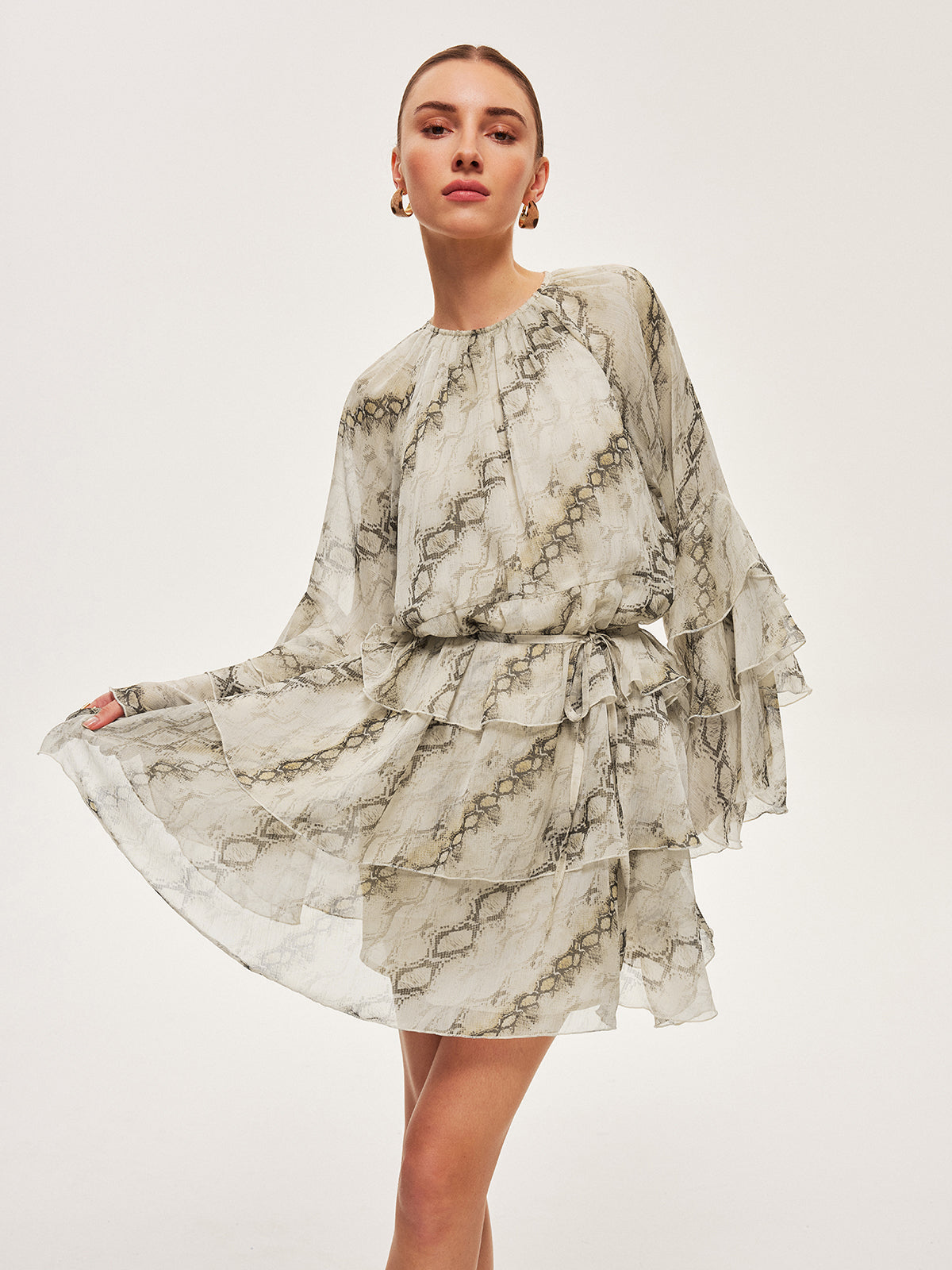 Sheer Print Ruffle Tie-Waist Dress - Chic Rio