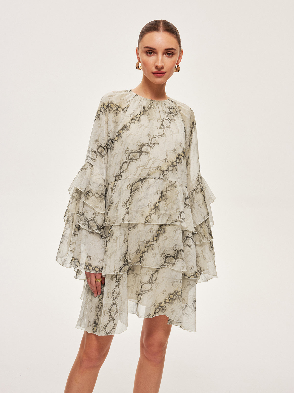 Sheer Print Ruffle Tie-Waist Dress - Chic Rio