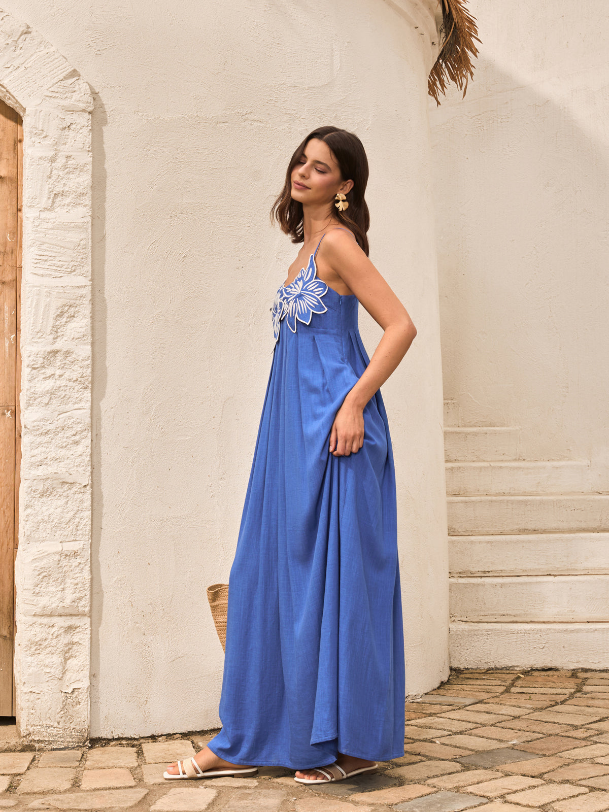 Cotton & Linen Floral Detail Cami Dress With Pockets - Chic Rio