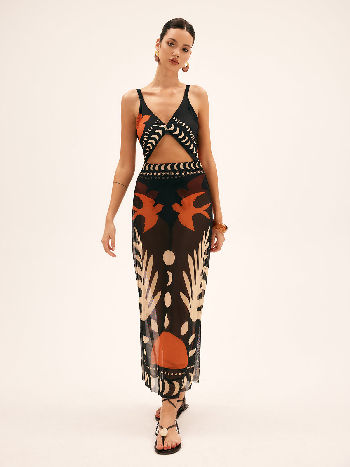 Bird Print Mesh Cover Up Maxi Skirt - Chic Rio