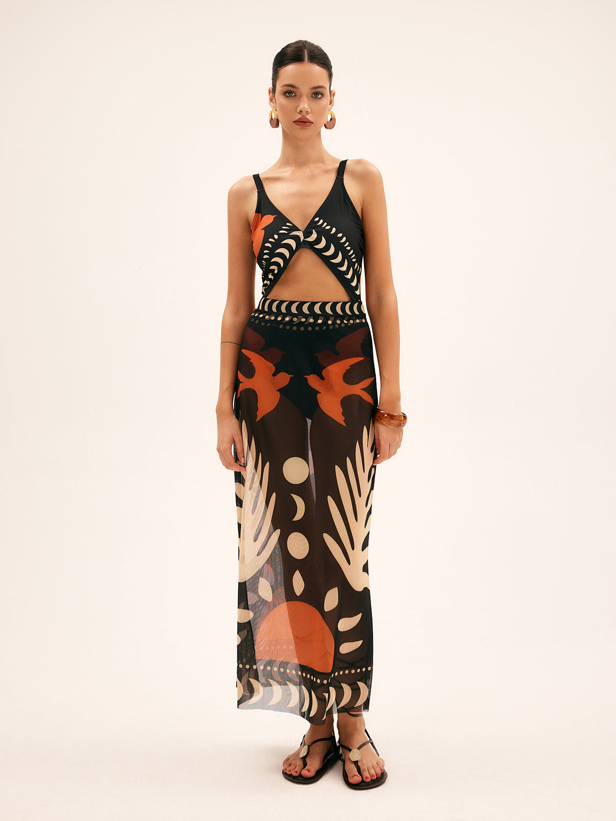 Bird Print Mesh Cover Up Maxi Skirt - Chic Rio