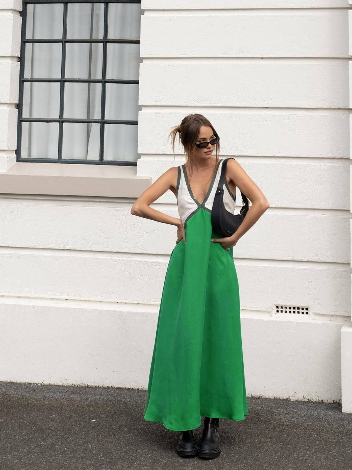 Satin Contrast Trim Long Dress - Chic Rio