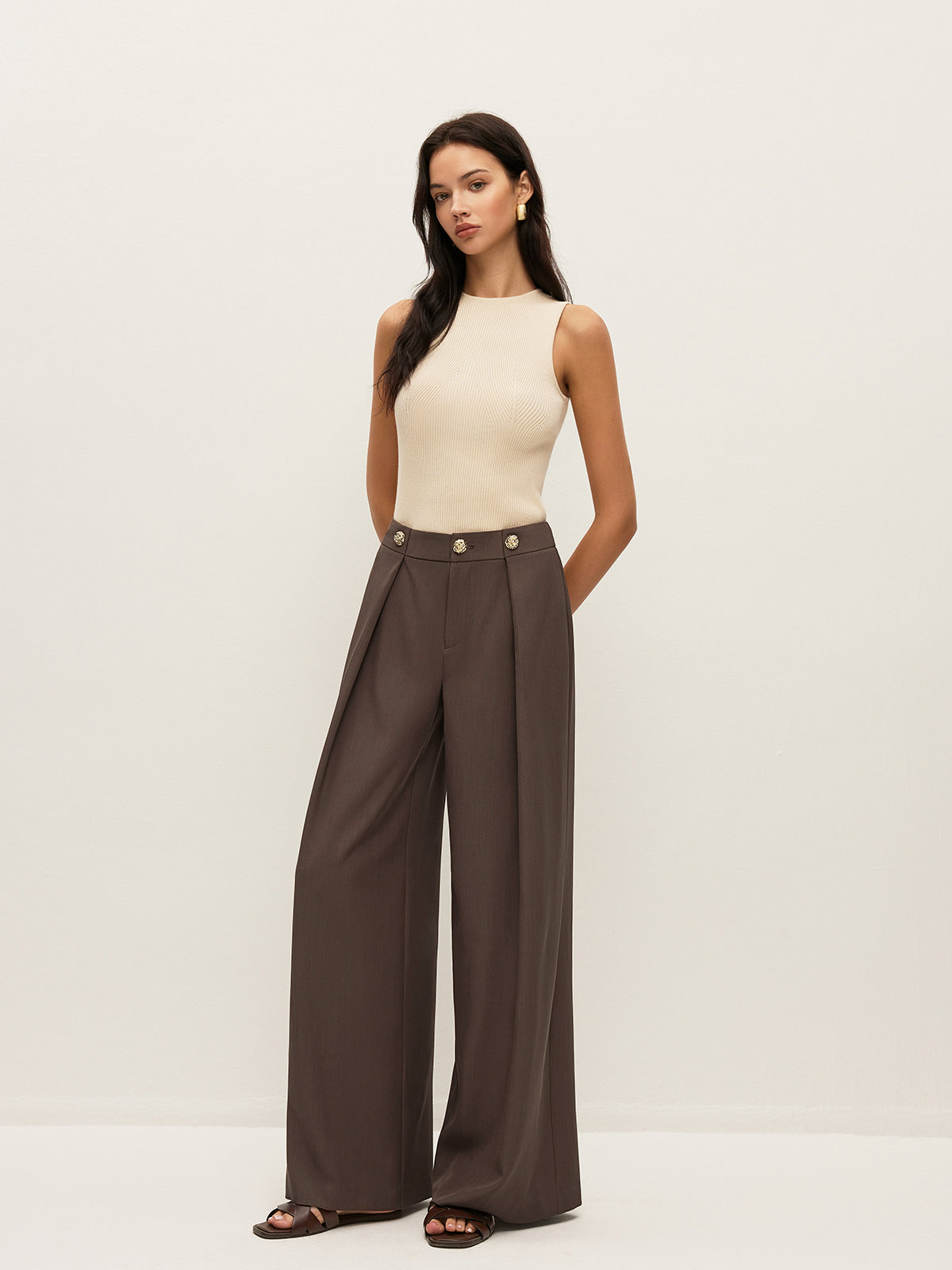 Mid-Waist Metal Detail Pleated Pants - Chic Rio