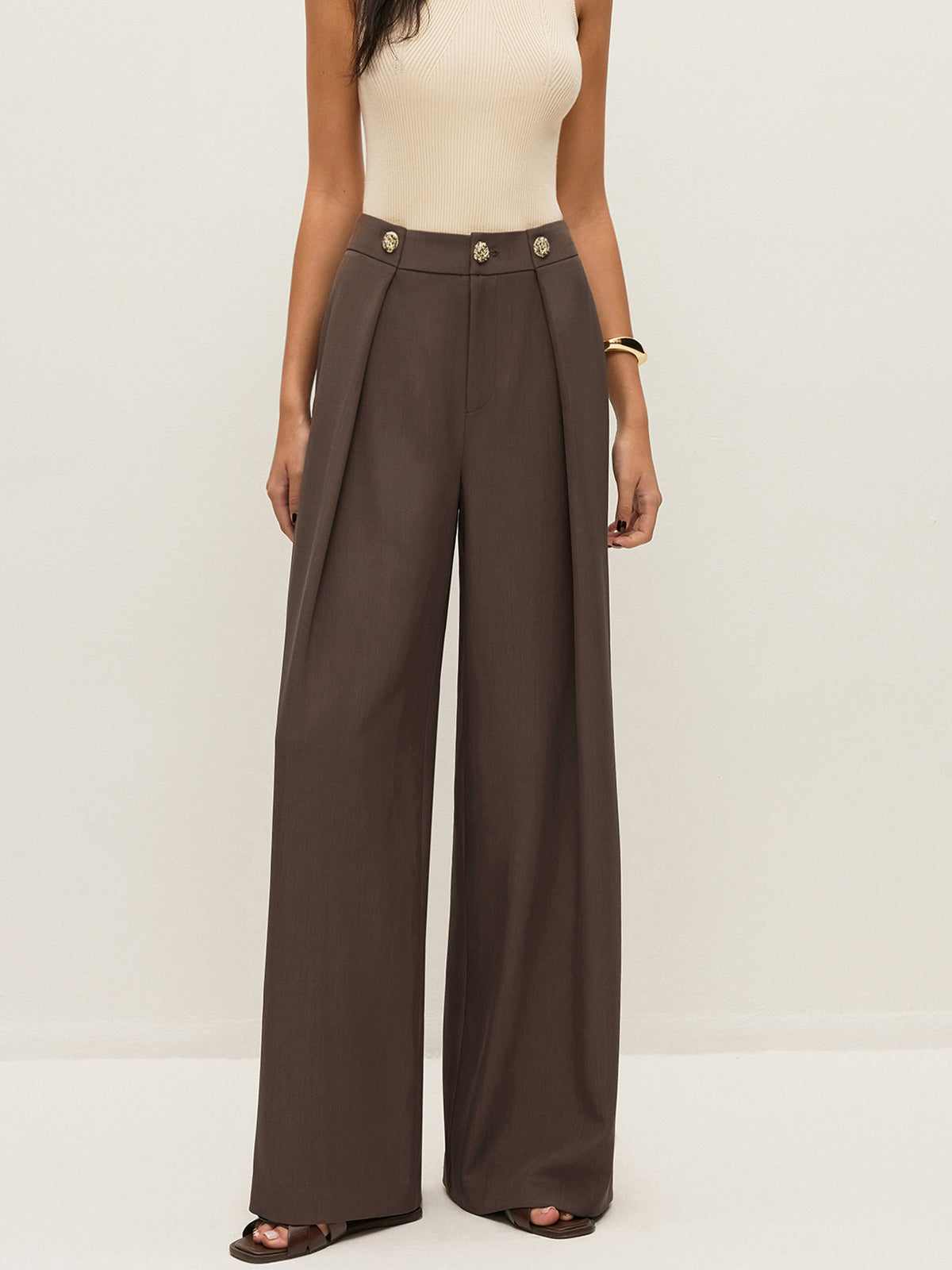 Mid-Waist Metal Detail Pleated Pants - Chic Rio