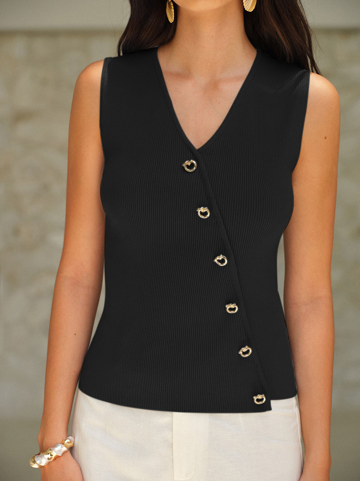Sleeveless V-Neck Top With Gold Buttons - Chic Rio
