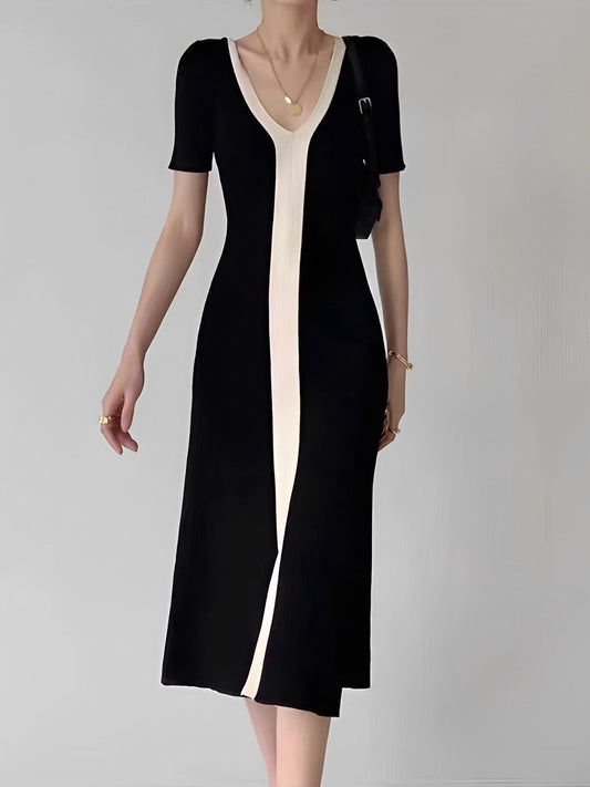 Two Tone V-Neck Knit Slit Midi Dress - Chic Rio
