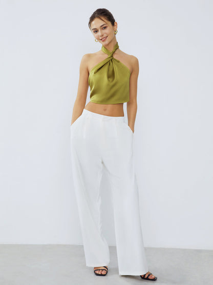 Halter Neck Twist Open Back Satin Crop Top - Chic Rio