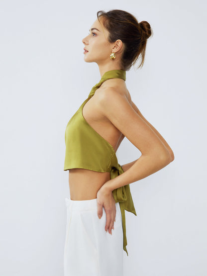 Halter Neck Twist Open Back Satin Crop Top - Chic Rio