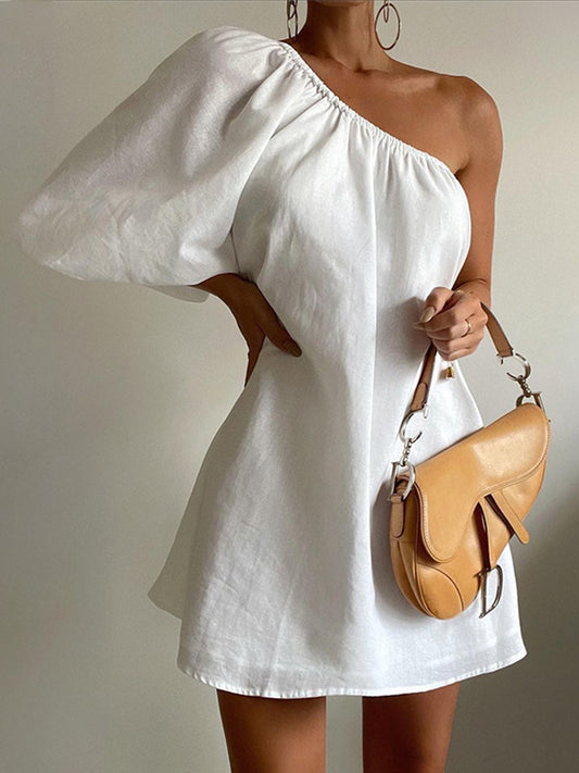 Aegean Cotton Linen One Sleeve Short Dress - Chic Rio