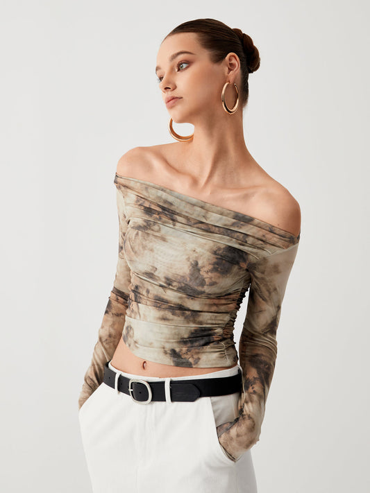 Semi-Sheer Tulle Mesh Off Shoulder Long Sleeve Crop Top - Chic Rio