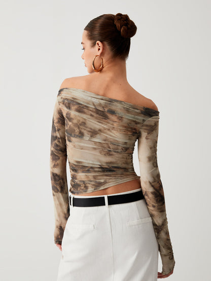 Semi-Sheer Tulle Mesh Off Shoulder Long Sleeve Crop Top - Chic Rio