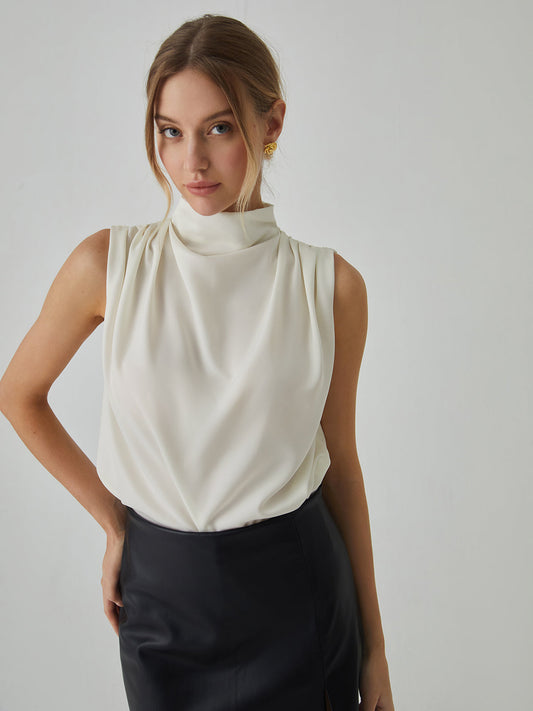 Pleated High Neck Sleeveless Blouse - Chic Rio