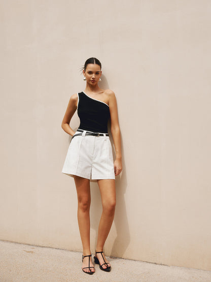 Contrast Trim One Shoulder Off Tank Top - Chic Rio