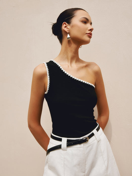 Contrast Trim One Shoulder Off Tank Top - Chic Rio