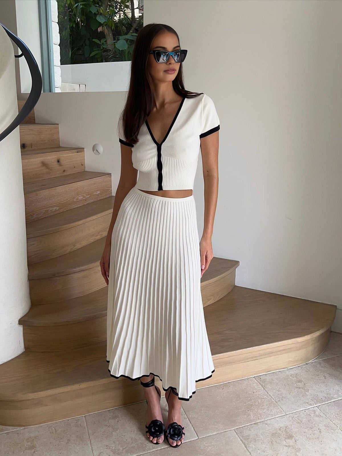 Minimalism Contrast Trim Sweater Skirt Set - Chic Rio