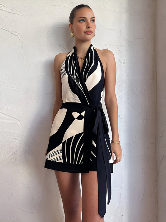 Print Halter Belted Short Dress - Chic Rio