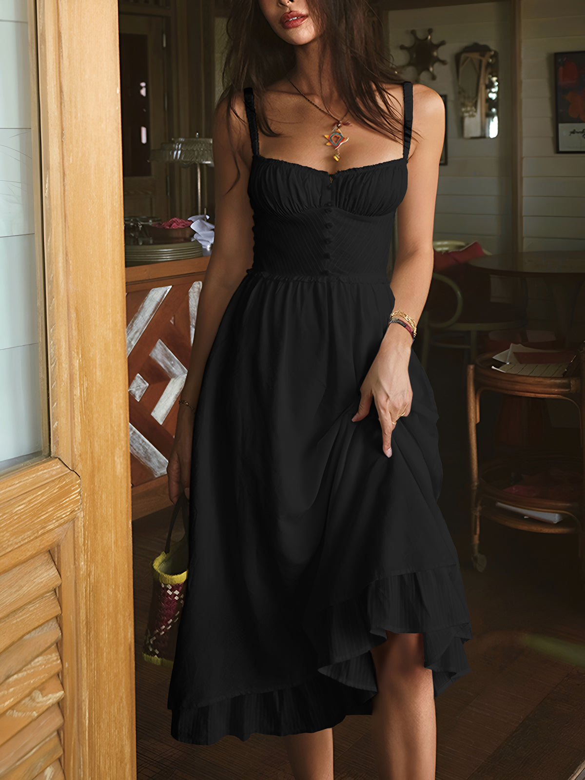 commense ruffle hem cami plain midi dress Ruffle hem cami plain midi dress - Black