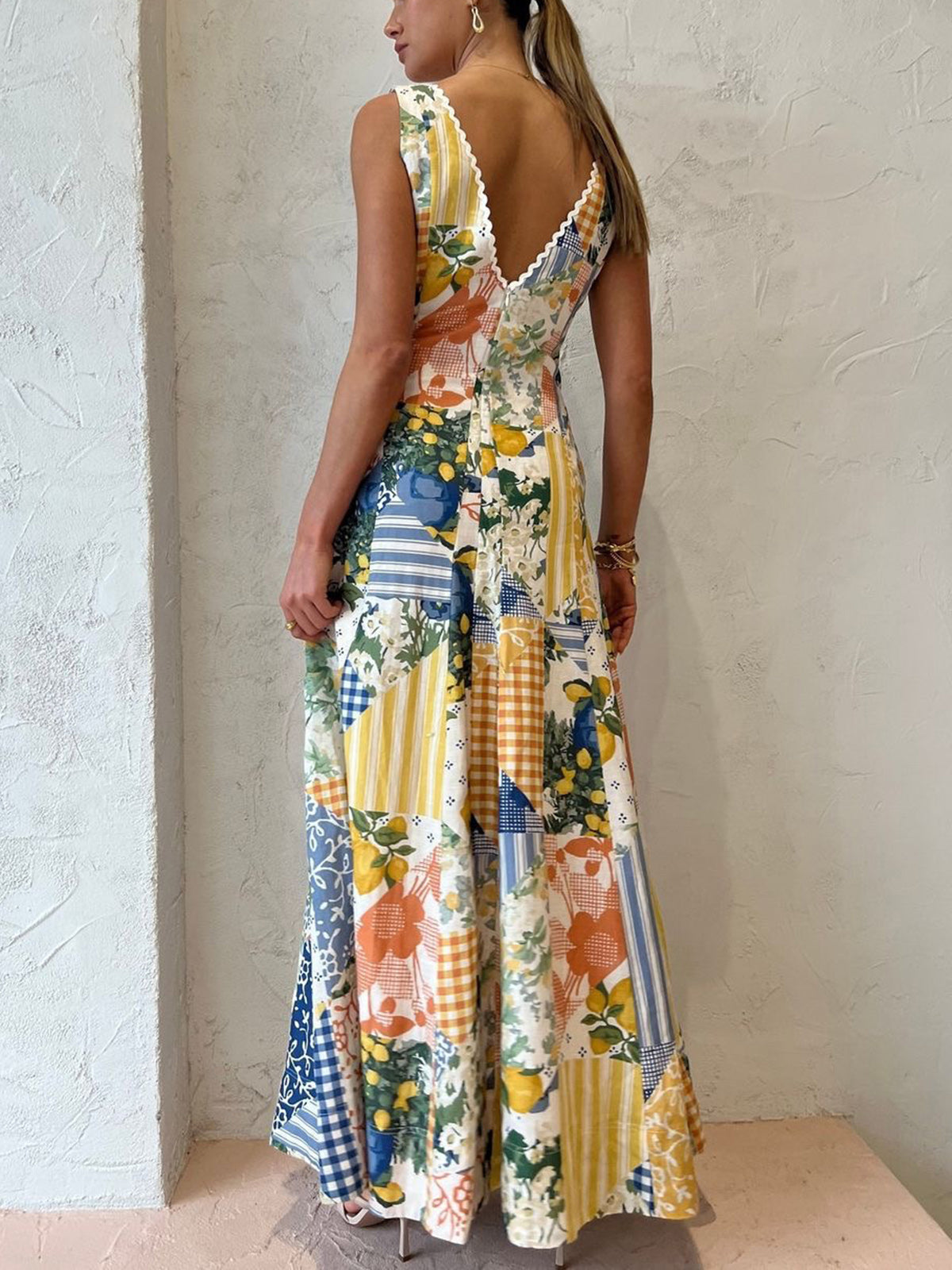 Lemonade Print Lace Trim Long Dress - Chic Rio