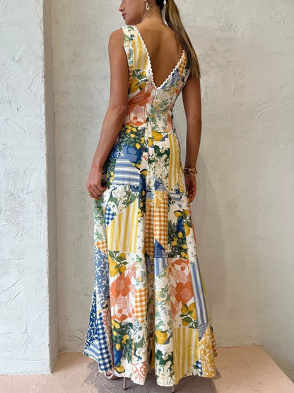 Lemonade Print Lace Trim Long Dress - Chic Rio