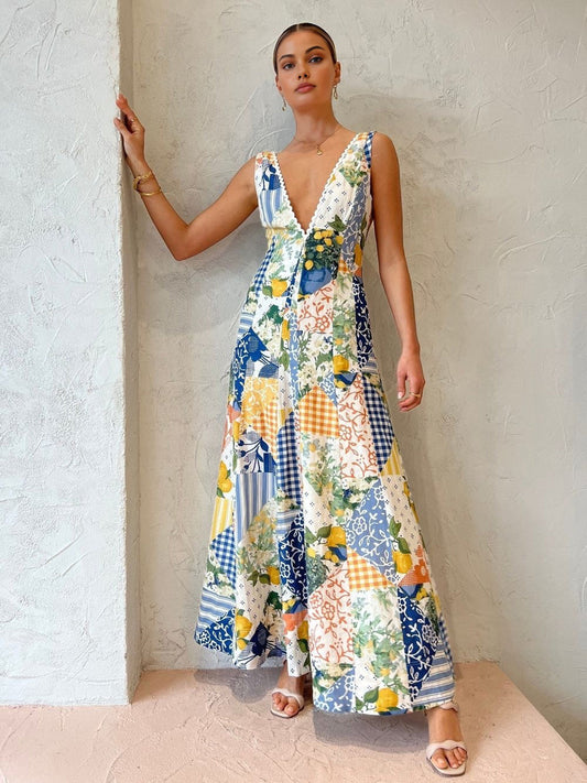 Lemonade Print Lace Trim Long Dress - Chic Rio