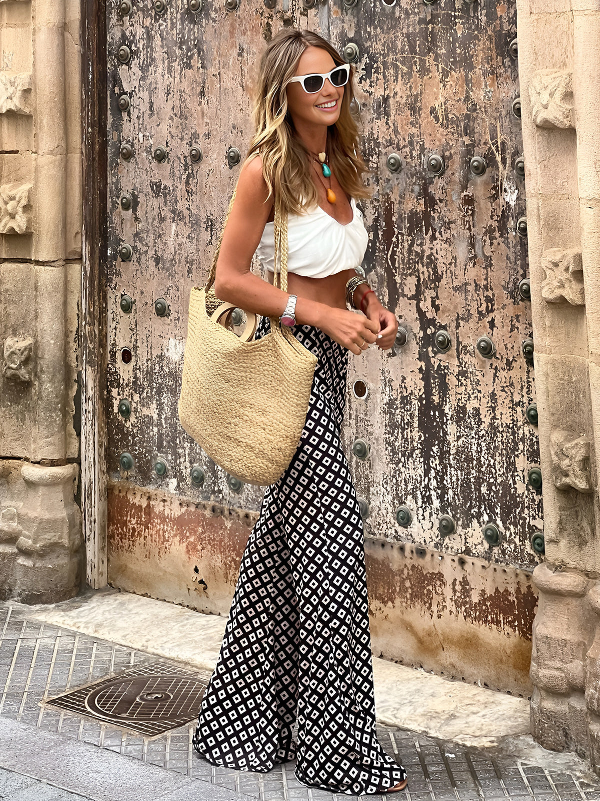 Geometrical Print Flare Pants - Chic Rio