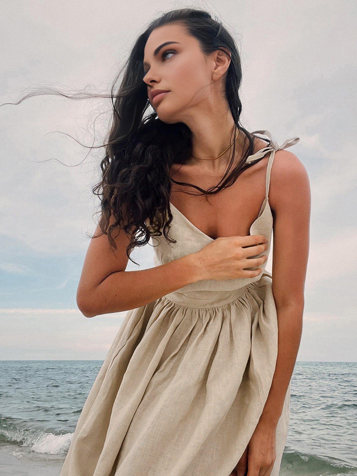 Cotton & Linen Backless Long Dress Apricot / XS Cotton & Linen Backless Long Dress Apricot / XS