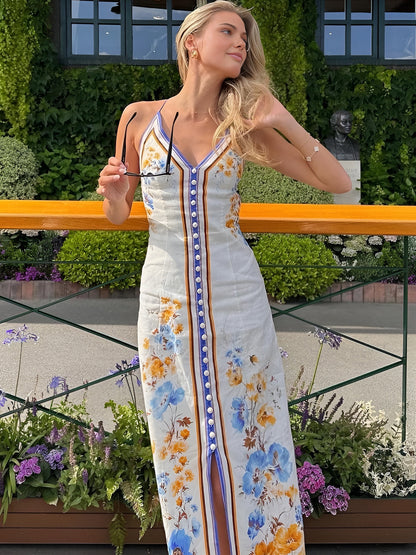 Casual Floral Printed Halter Long Dress - Chic Rio