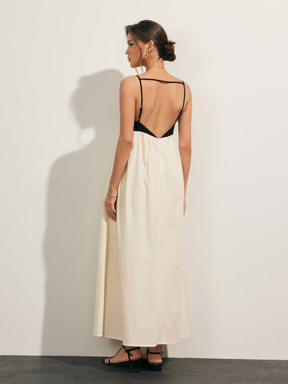 Open Back Contrast Pocket Long Dress - Chic Rio