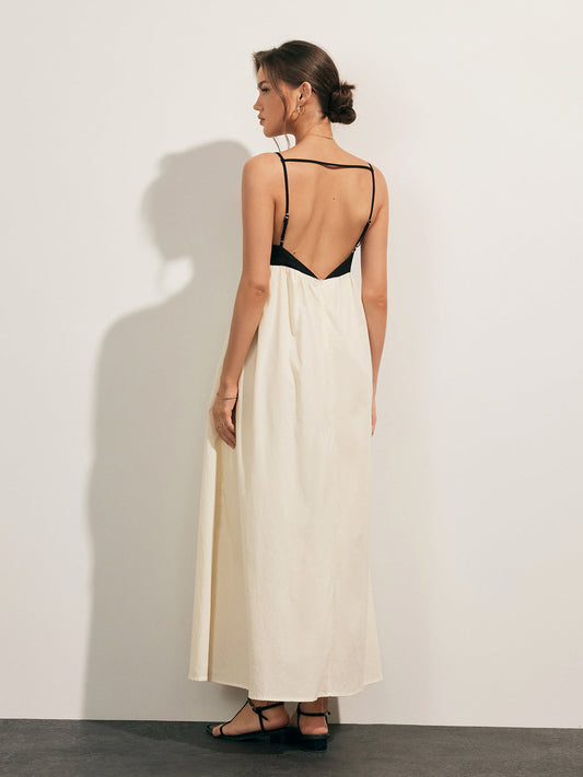 Open Back Contrast Pocket Long Dress - Chic Rio