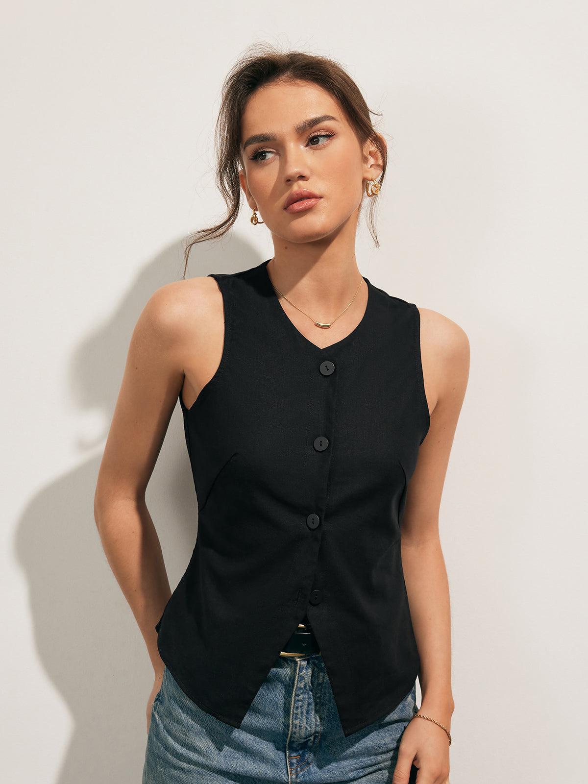 Linen Blends Button Up Tank Top - Chic Rio