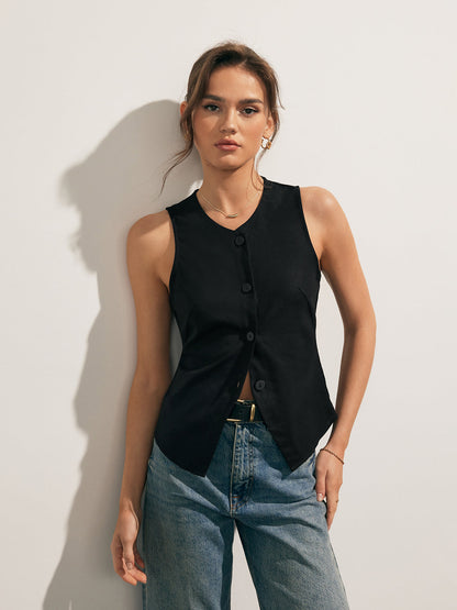 Linen Blends Button Up Tank Top - Chic Rio
