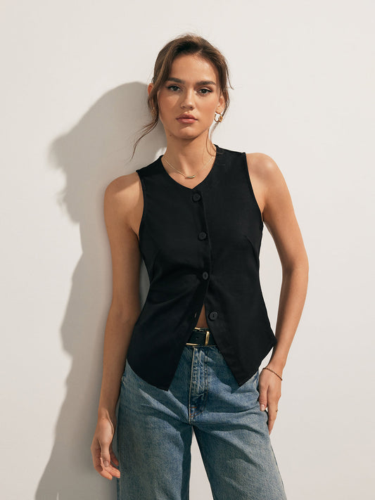 Linen Blends Button Up Tank Top - Chic Rio