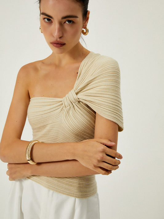 Asymmetrical One Shoulder Knotted Knit Top - Chic Rio