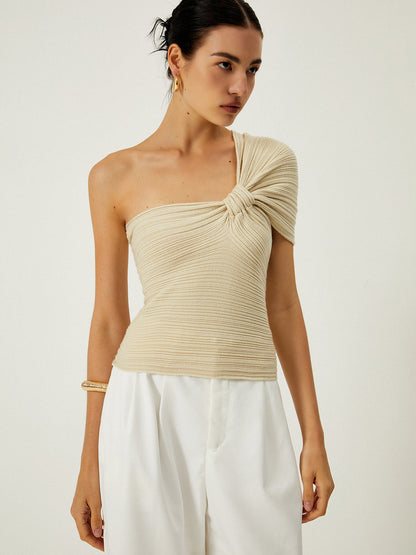 Asymmetrical One Shoulder Knotted Knit Top - Chic Rio