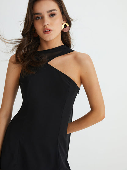 Asymmetrical Cutaway Shoulder Short Dress - Chic Rio