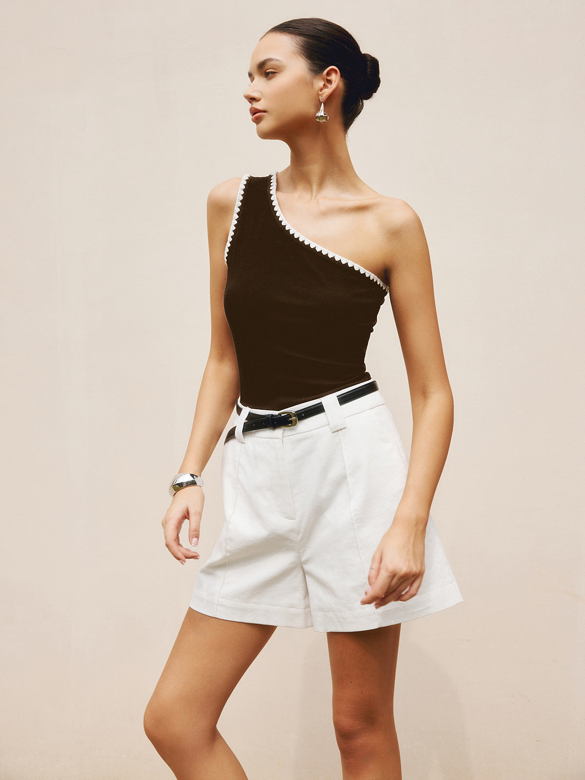 Contrast Trim One Shoulder Off Tank Top - Chic Rio