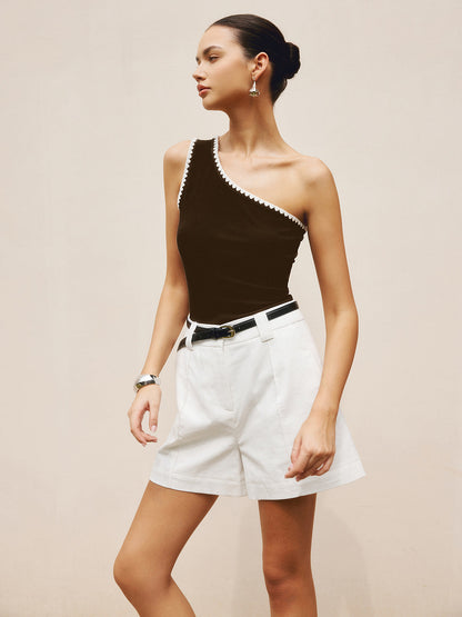Contrast Trim One Shoulder Off Tank Top - Chic Rio