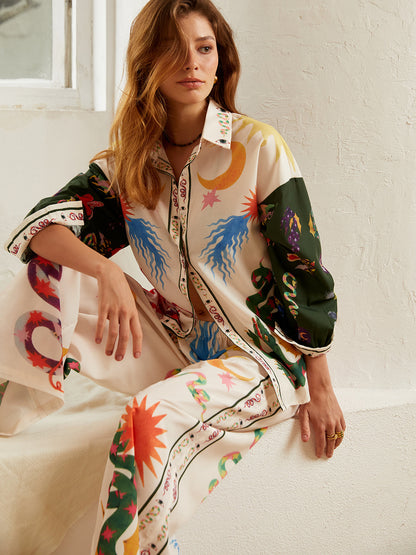Boho Print Loose Shirt With Wide Leg Pants Set - Chic Rio