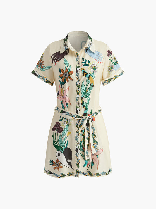 Print Collared Belted Short Dress - Chic Rio