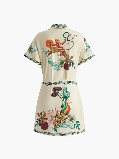 Print Collared Belted Short Dress - Chic Rio