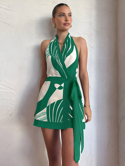Print Halter Belted Short Dress - Chic Rio